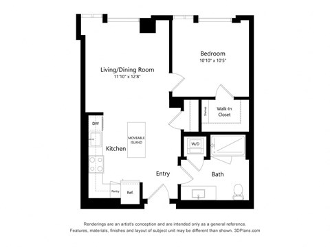 Floor plan for 1 bed, 1 bath, 629 sqft